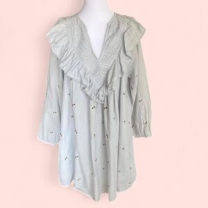 Zara Ruffle Babydoll Light Blue Mini Dress Embroidered Dainty Floral cottage